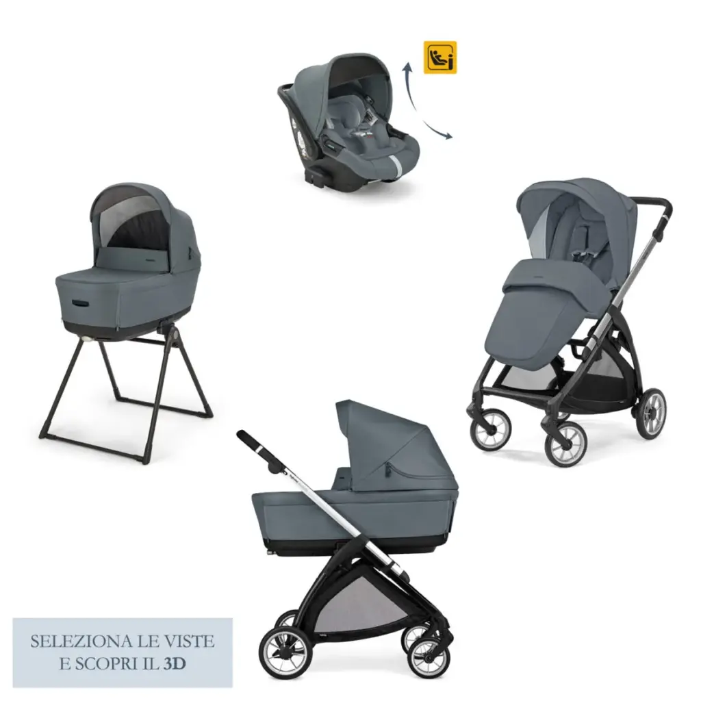 Set modulare per bambini con navicella, seggiolino auto e passeggino su telaio con ruote