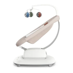 Sdraietta elettrica per neonati con struttura bianca e tessuto beige con tre palline gioco sospese