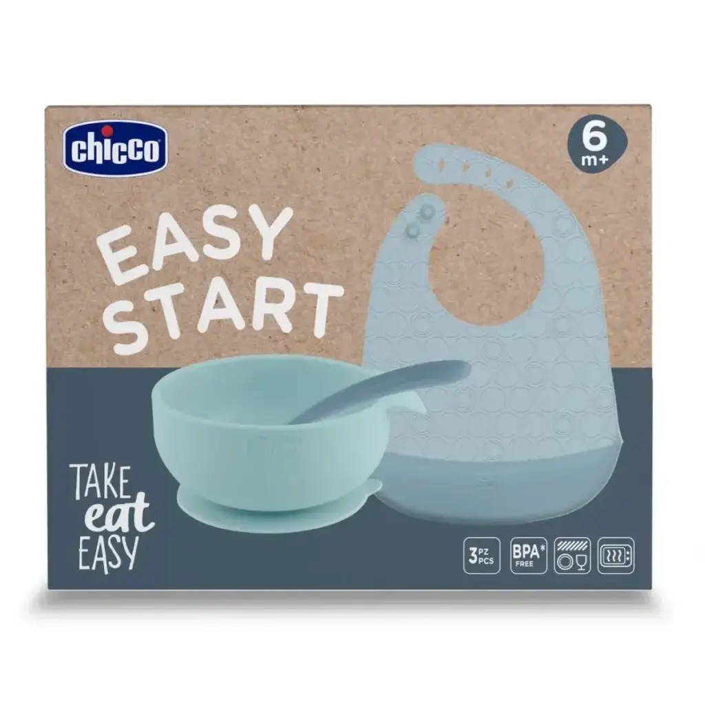Set pappa Chicco Easy Start con ciotola, cucchiaio e bavaglino in silicone per bambini da 6 mesi