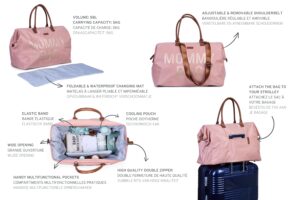 Borsa imbottita beige con manici e tracolla regolabile, vista frontale e laterale con dettagli delle tasche e accessori inter