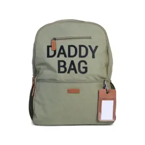 Zaino kaki con scritta Daddy Bag e portabadge trasparente attaccato