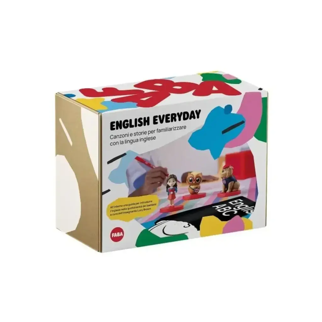 scatola del kit English Everyday con illustrazioni colorate e tre personaggi in miniatura davanti