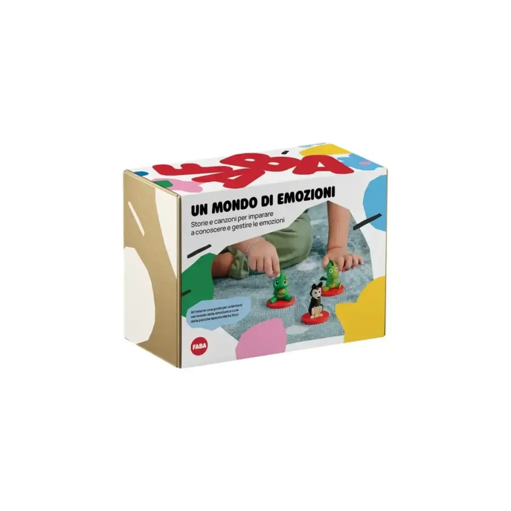 Scatola del kit educativo Un mondo di emozioni con immagini di bambini che giocano con personaggi
