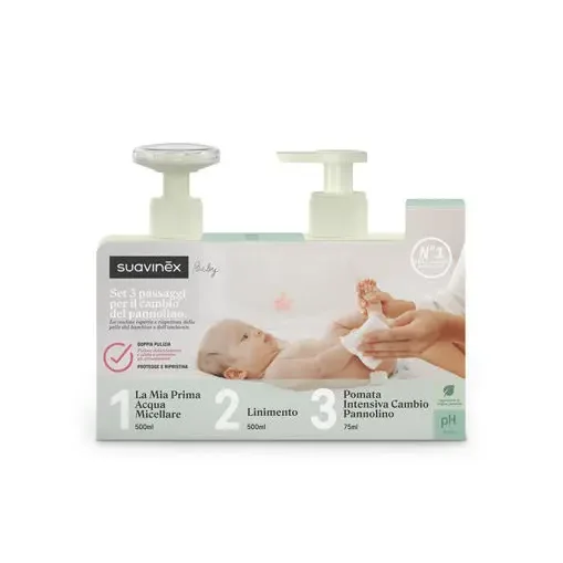 Set cambio pannolino Suavinex con tre prodotti in dispenser e immagine di un neonato sul packaging