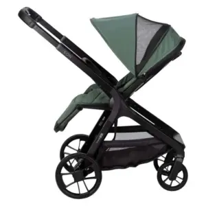Passeggino modulare con seduta reclinata e cappottina verde con telaio nero e ruote grandi