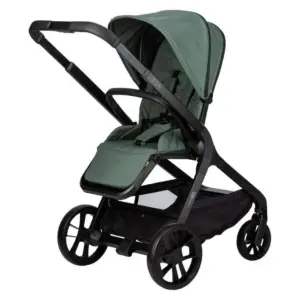 Passeggino modulare con seduta reclinata e cappottina verde montato su telaio nero con ruote