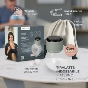 Tiralatte elettrico indossabile con sacca in cotone, cavo USB-C e manuale di istruzioni